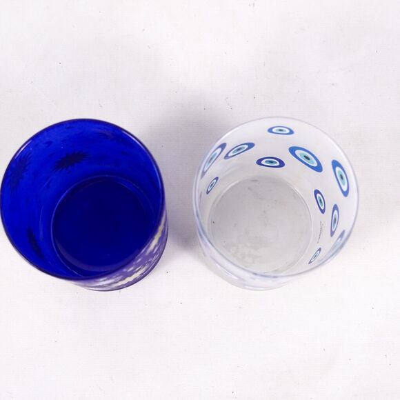 Celestial Sun Moon Stars Evil Eye Glass Candle Holder Cup Stand x2 Cobalt Blue - Picture 5 of 8